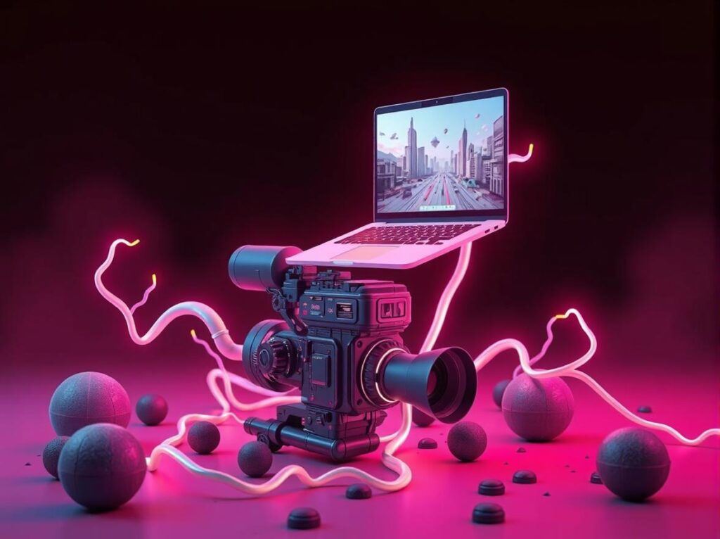 A laptop is connected to a movie camera.