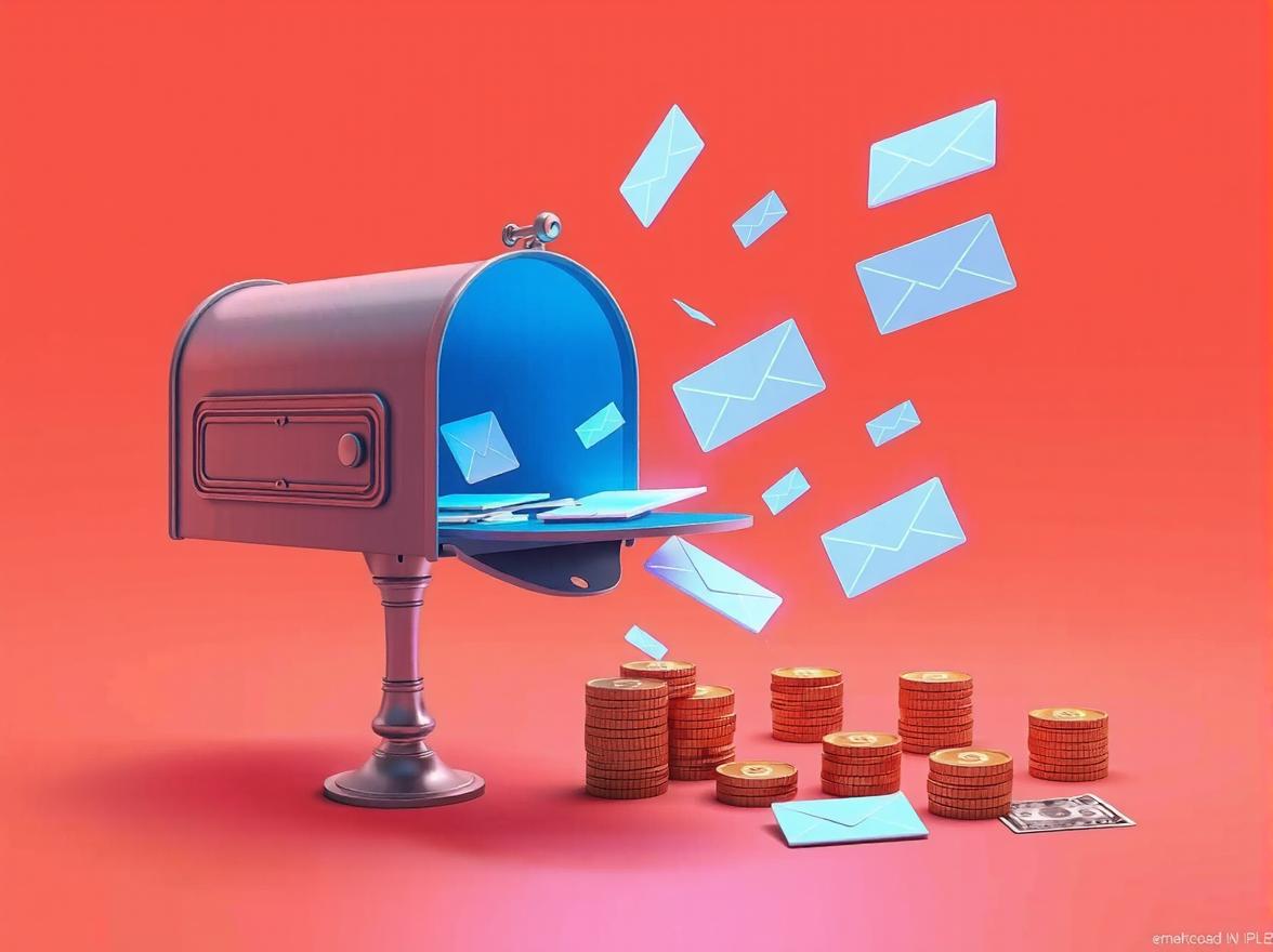 Digital envelopes flying out of a mailbox and transforming into golden coins.