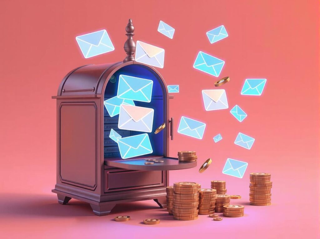 Digital envelopes flying out of a mailbox and transforming into golden coins.