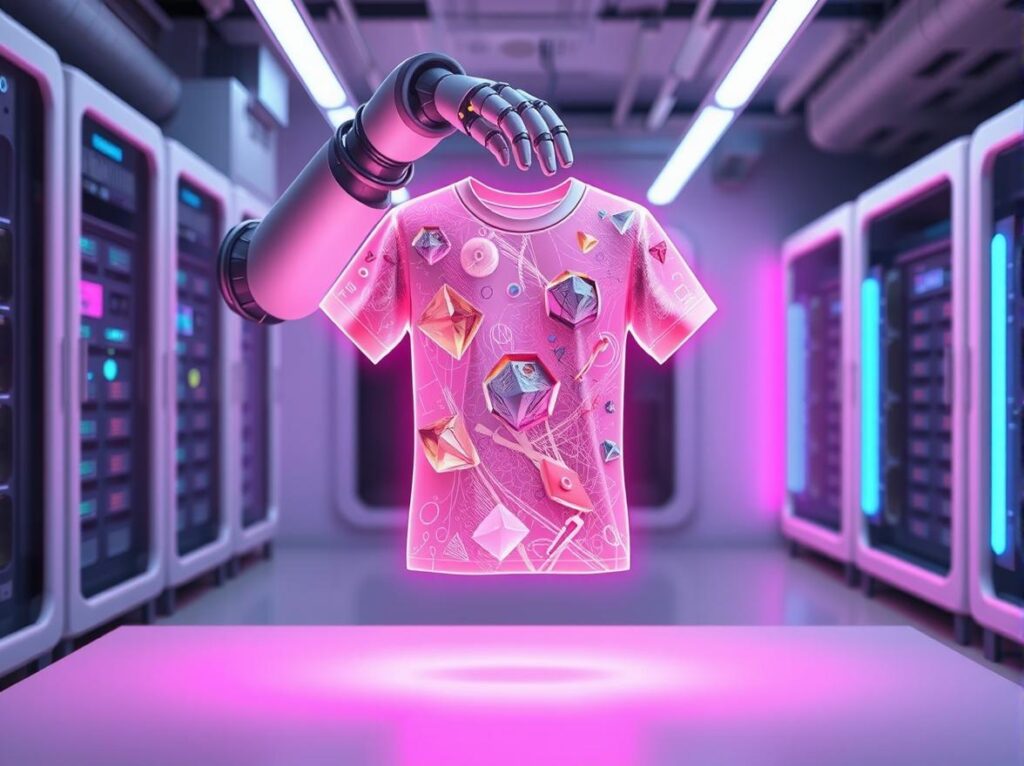 A futuristic robotic arm holding a holographic t-shirt that is actively morphing designs.