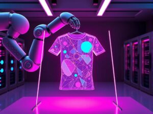 A futuristic robotic arm holding a holographic t-shirt that is actively morphing designs.