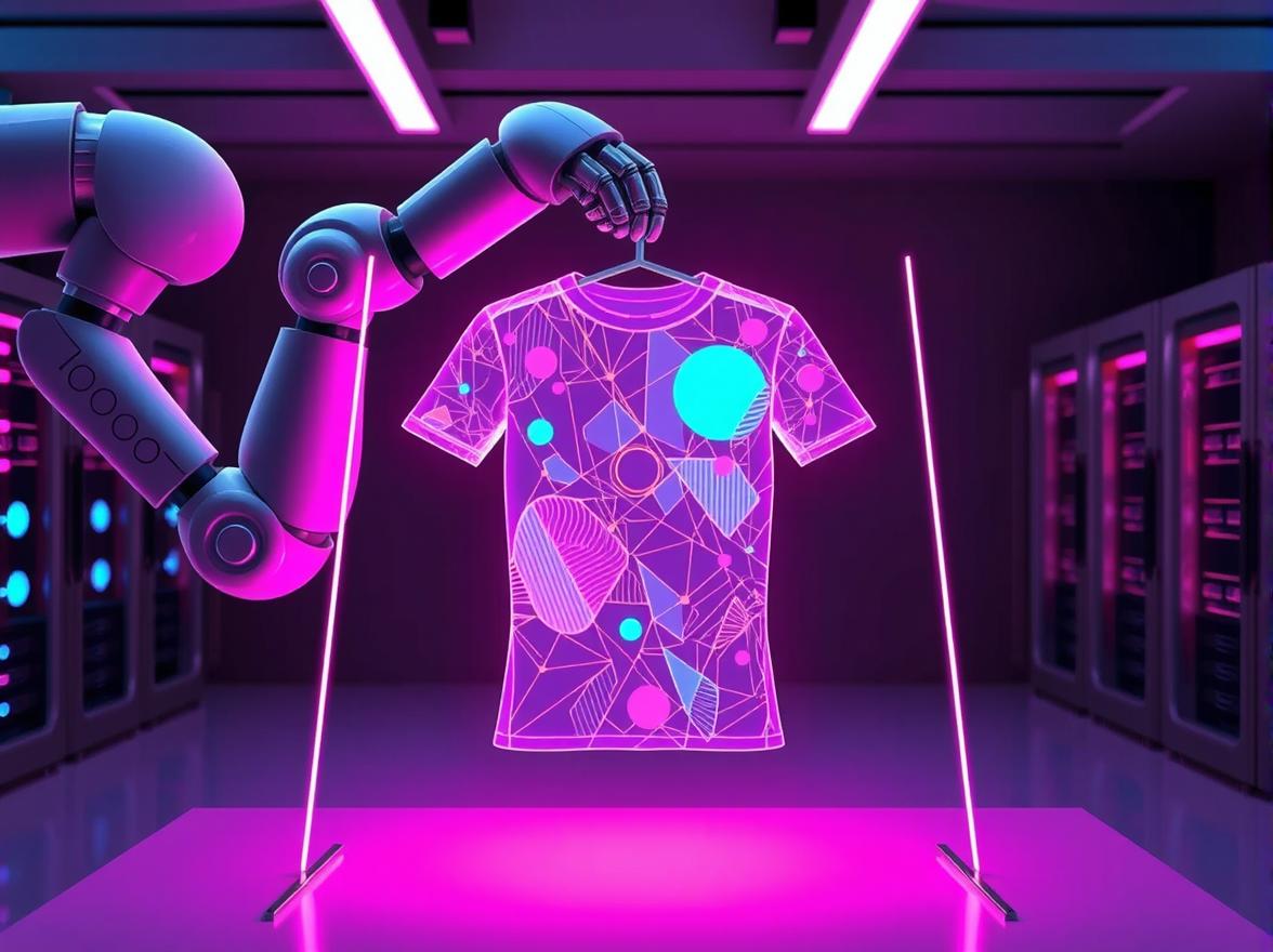 A futuristic robotic arm holding a holographic t-shirt that is actively morphing designs.