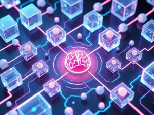 A futuristic glass assembly line processing glowing data orbs with robotic precision.