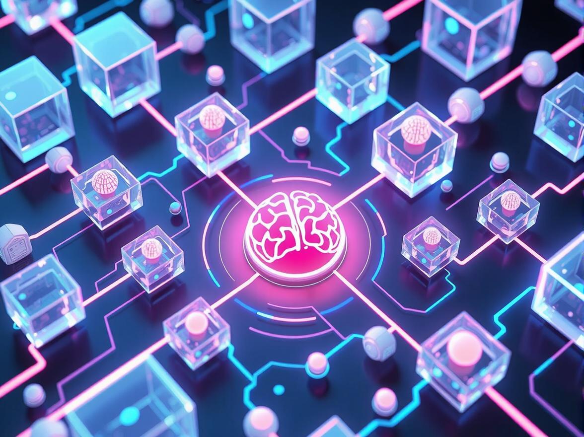 A futuristic glass assembly line processing glowing data orbs with robotic precision.