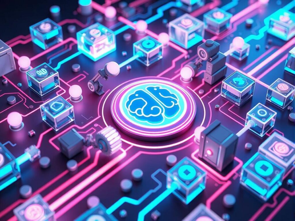 A futuristic assembly line processing data orbs with robotic precision.