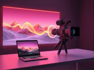 A film camera dissolving into digital code, creating a hyper-realistic neon landscape on a screen.