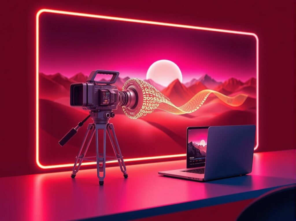 A film camera dissolving into digital code, creating a hyper-realistic neon landscape on a screen.