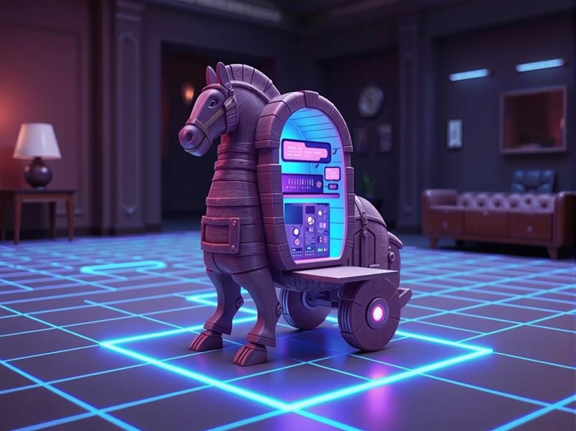 A wooden Trojan Horse filled with glowing neon AI servers and chat bubbles.