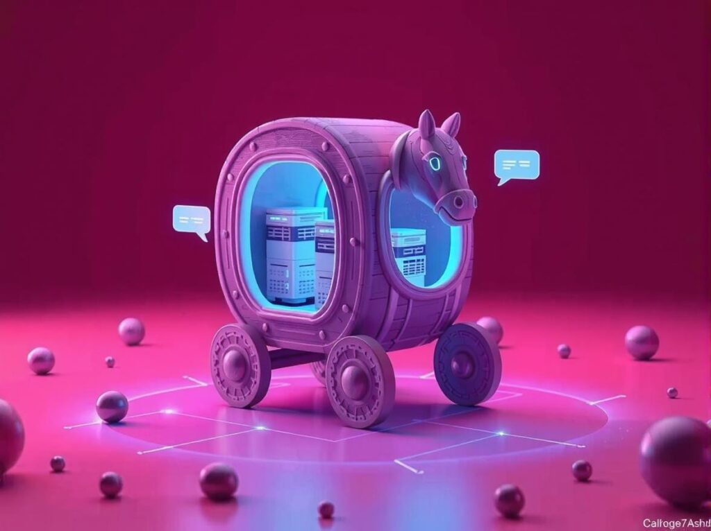 A wooden Trojan Horse filled with glowing AI servers and chat bubbles.