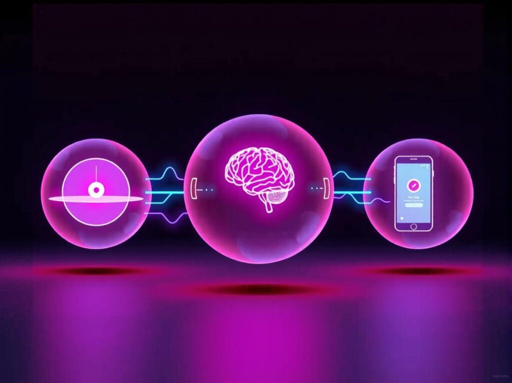 Three glowing geometric spheres connected by light, representing a visual automation workflow.