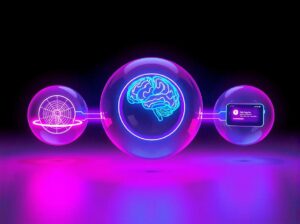 Three glowing geometric spheres connected by light, representing a visual automation workflow.