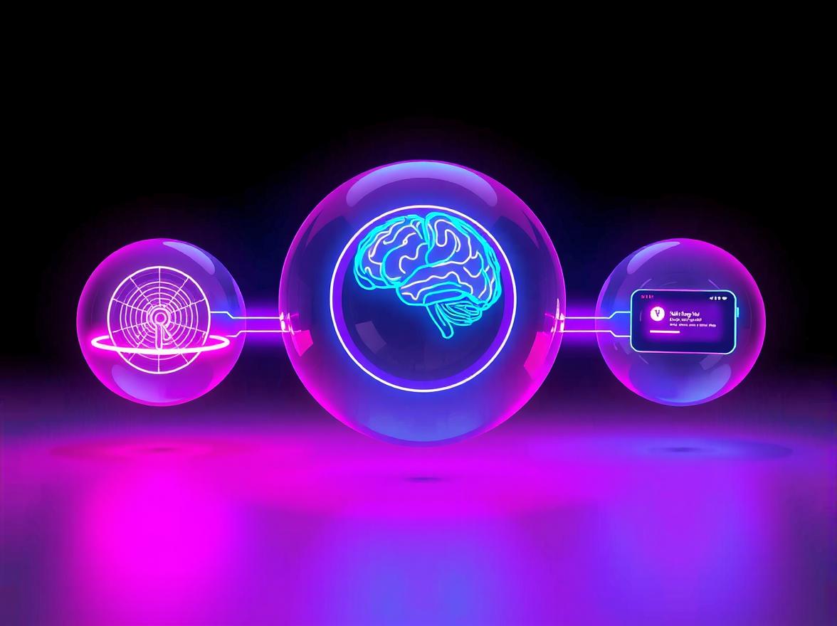 Three glowing geometric spheres connected by light, representing a visual automation workflow.