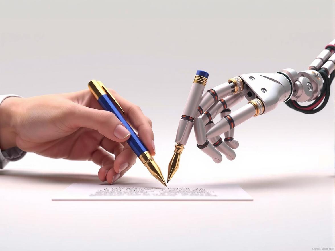 A human hand and a robotic hand together holding a single high-end fountain pen, about to sign a document.