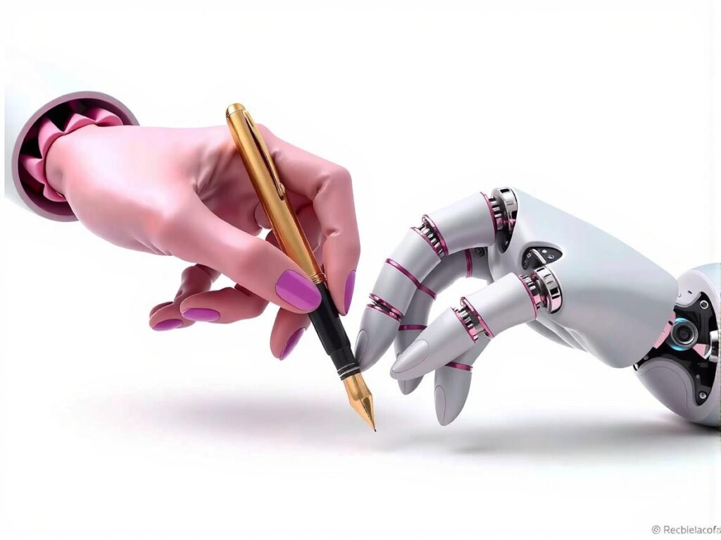 A human hand and a robotic hand together holding a single fountain pen, about to sign a document.